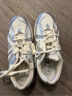 New Balance White and Silver Athletic Sneakers